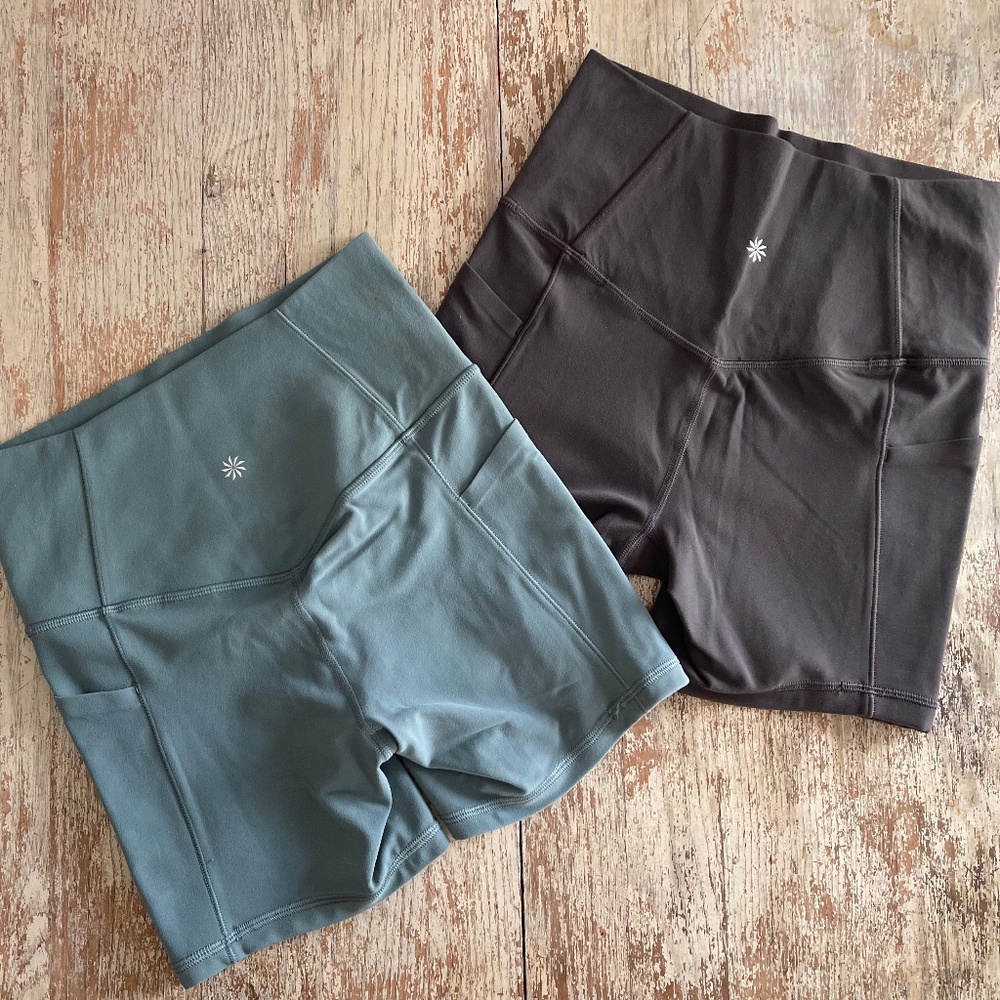 Athleta Salutation Bike Shorts in Blue and Dark Gray